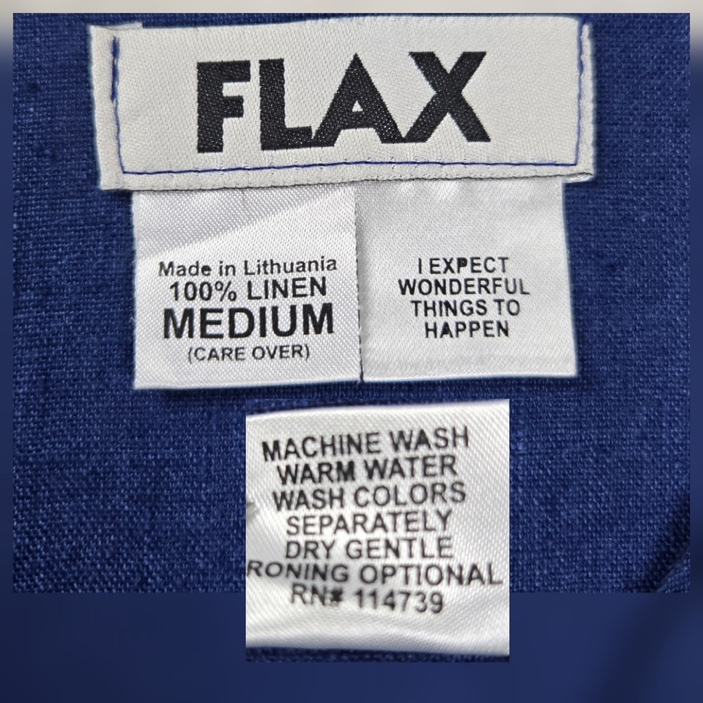 FLAX Medium Blue 100% Linen‎ V-Neck Button-Front Long Oversized Tunic Top - Picture 10 of 16